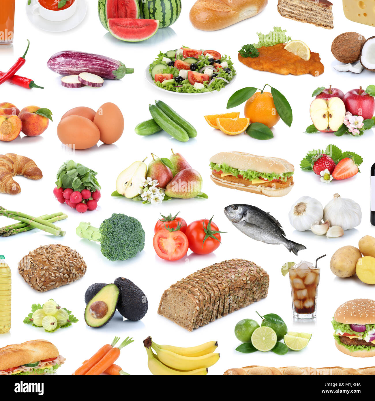 Essen Sammlung Hintergrund Früchte und Gemüse Obst Getränke Quadrat auf weißem Hintergrund Stockfoto