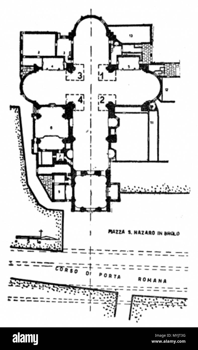 . Italiano: Autore: Hinweis sulla Daten: Anni 1938 / 62 Luogo: Fuori Paese Hinweis sul Luogo: Milano Inserita il: 07-03-2012 Beschreibung: La pianta della Basilica dei Santi Apostoli e Nazaro di Milano dai rilievi di Don Enrico Villa: i Numeri 1, 2, 3 e 4 indicano i punti facilitarono fissi che la Ricostruzione della Pianta originale paleocristiana ed i punti chiave delle campate. 1938. CMB 309 La pianta della Basilica dei Santi Apostoli e Nazaro di Milano Stockfoto
