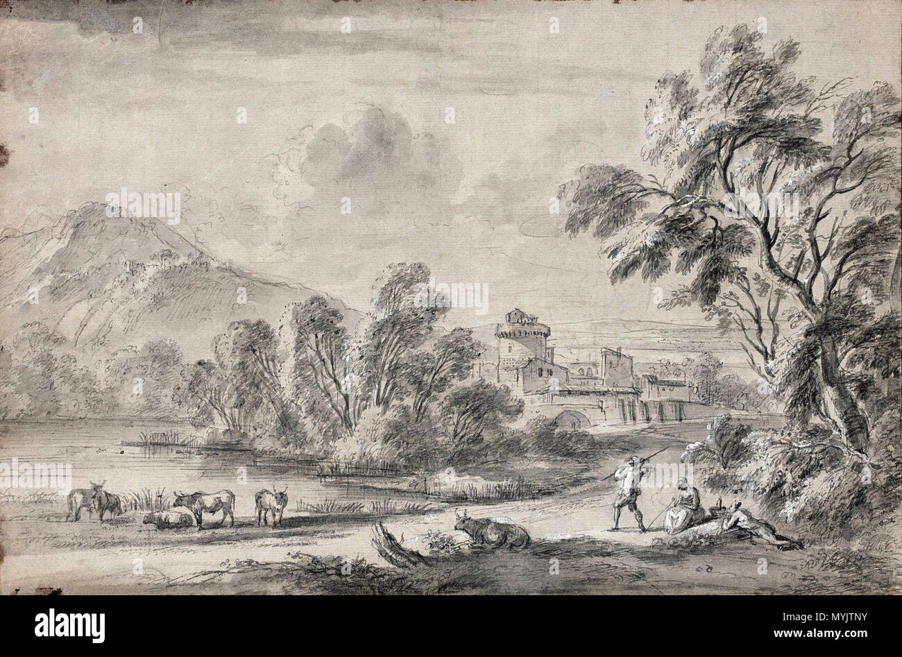 . Français: Plume et Encre Noire, lavis Gris et rehauts de Gouache blanche sur Trait de crayon Sans Kader Hauteur: 24,50 cm Largeur: 36,50cm. 18. Jean-Baptiste Tann 311 Tann Vachers et leur troupeau dans un paysage Classique Stockfoto