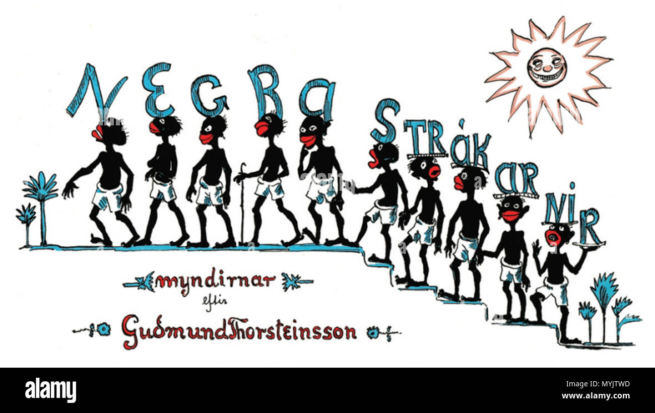 . Abdeckung des Negrastrákarnir, eine isländische Version der Song Zehn Kleine Indianer von Sieger, zuerst in Reykjavik 1922 veröffentlicht mit Darstellung der Song von Gunnar Egilsson und Illustrationen von Guðmundur Thorsteinsson. Dies war eine der ersten Bilderbücher für Kinder in der Isländischen veröffentlicht. Erstellt 1922. Guðmundur Thorsteinsson, 'Muggur' (1891-1924) 384 Negrastrakarnir Stockfoto