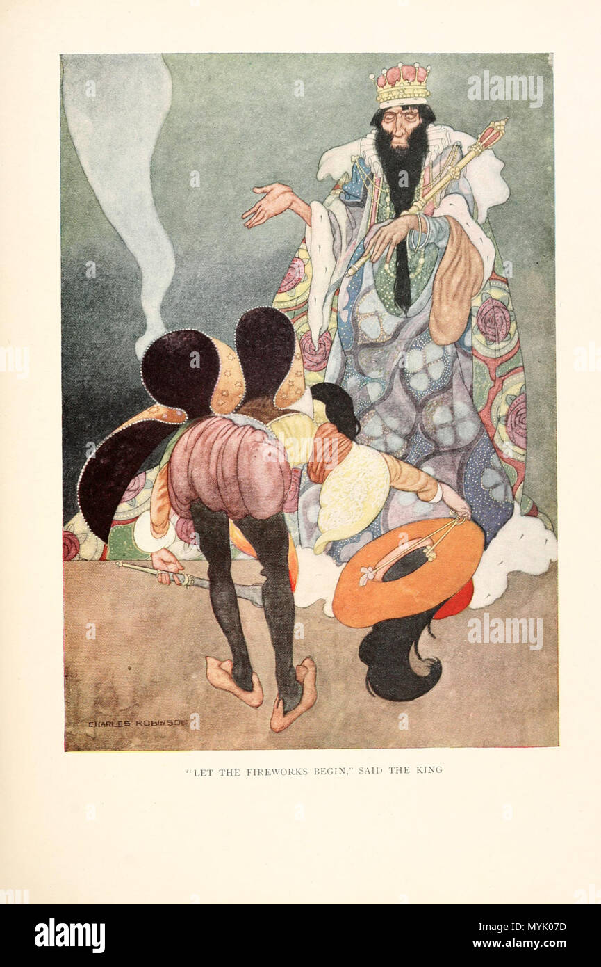 . Englisch: Lassen Sie das Feuerwerk zu beginnen, sagte der König. Illustration zu Oscar Wildes Der glückliche Prinz und andere Märchen, von Charles Robinson. 1913. Charles Robinson 321 Lassen Sie das Feuerwerk zu beginnen, sagte der König Stockfoto