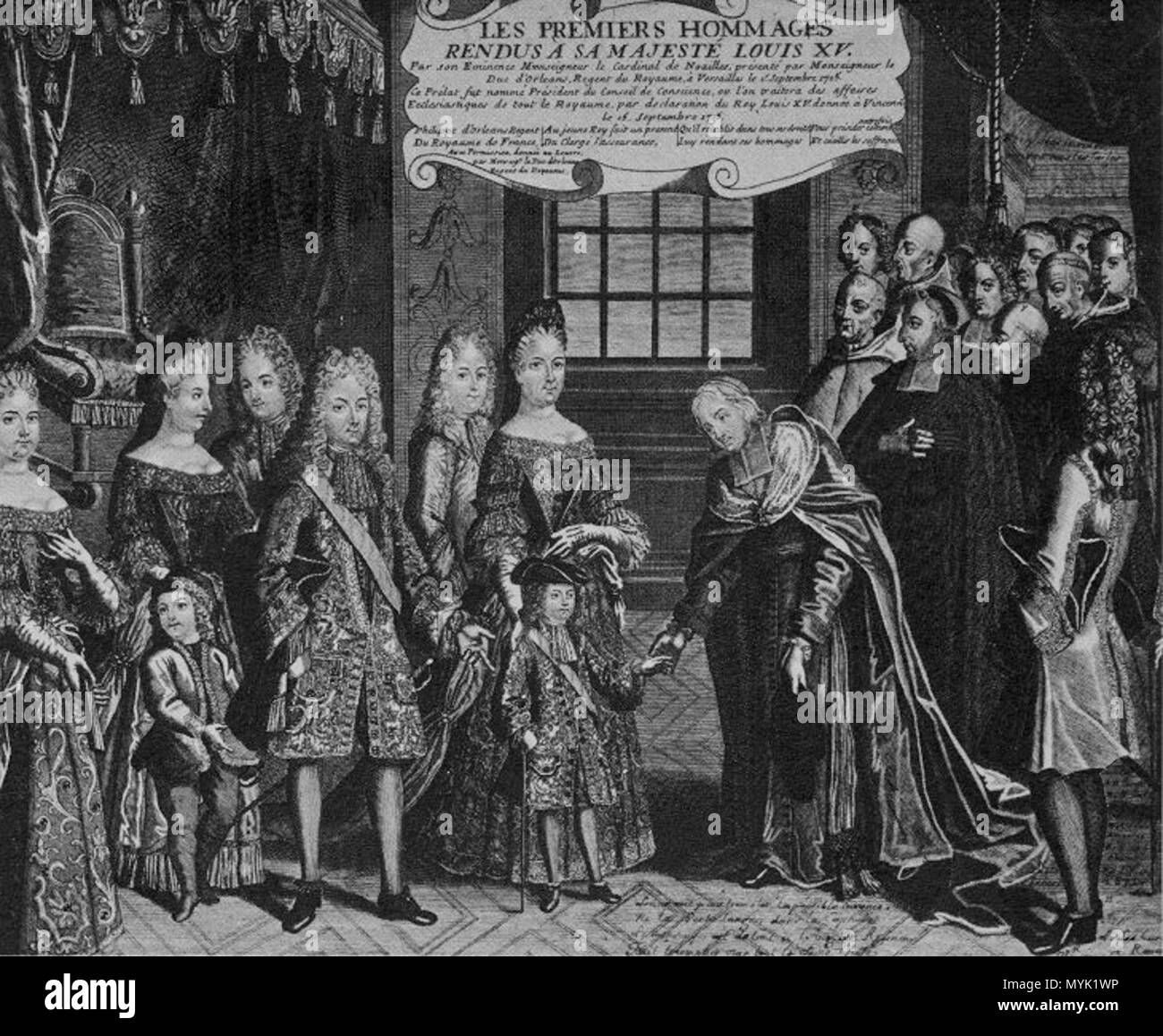 . "Der König ist tot, es lebe der König", den 1. September 1715 leben. Am Tag des Louis XIV Tod. Die fünf-jährige Louis XV., in Anwesenheit der Regent, der Herzog von Orléans (Neffe von Louis XIV) erhält die Hommage der Kardinal de Noailles. Beachten Sie das Muster und die Texturen der Stoffe, üppigem Brokatstoff. Französisch. 11/09/2006 hochgeladen. Unbekannt 330 nach dem Tod Ludwigs XIV. Stockfoto