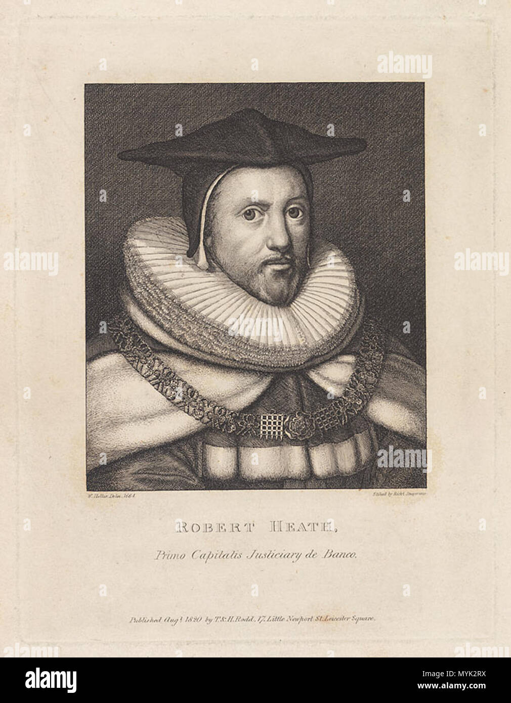. Robert Heath (1575-1649). 1820. Richard Sawyer, Radierer, nach einem Gemälde von Wenzel Hollar Wenzel Hollar (1607 - 1677) Alternative Namen Wenzel Hollar, Václav Hollar, Wenzel Hollar, Wencelaus Hollar, Weneeslas von Pracha, Wenzel Hollar Bohemus Beschreibung tschechischer Maler, Zeichner, Kupferstecher und Radierer Datum der Geburt / Tod 13. Juli 1607 vom 25. März 1677 Ort der Geburt / Todes Prag London Arbeiten Zeitraum zwischen ca. 1620 und ca. 1670 Standort Prag, Deutschland (1627 - ....), Frankfurt, Straßburg, Köln (1633 - ....), Wien, Prag, Norden der Niederlande (1634), Amsterda Stockfoto