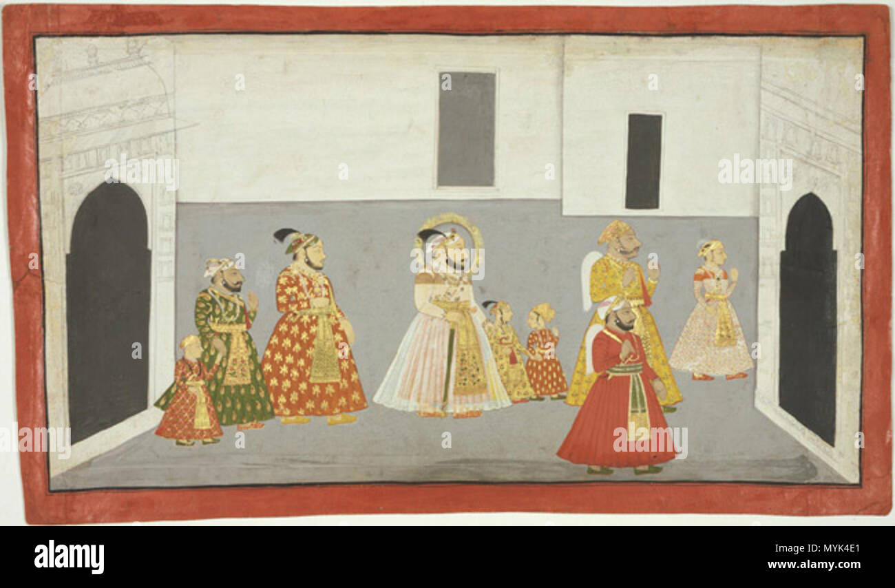 . Englisch: Indische und Himalayan Art Maharana Sangram Singh von Mewar, seine zwei Söhne, und Höflinge in Udaipur, Mewar, Rajasthan, Indien C. 1715-20 Künstler-/Teekocher unbekannt, Indien opak Aquarell und Gold auf Papier 12 7/16 x 21 1/4 Zoll (31,6 x 54 cm) derzeit nicht auf Ansicht 2004-43-1 Alvin O. Bellak Sammlung, 2004 Label dieses Gemälde ist einer von vier für die Herrscher (Maharanas genannt) der mächtigen Rajput Königreich von Mewar. Diese Werke zeigen eine erstaunliche, multigenerational Geschichte der höfischen Intrige, Verrat und Rache. Hier Maharana Sangram Singh (1710-34) geht mit Hi Stockfoto