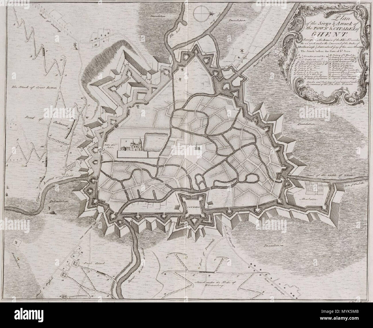 . Englisch: Plan der Belagerung und Erstürmung der Stadt und Zitadelle von Gent [Dokument cartographique]: Durch die Armeen der Alliierten Dezember 22 belagert. 1708. unter dem Befehl des Herzogs von Marlborough & surrendred y [e] 29. des gleichen Monats: C. du Bosc exc. Vom 7. März 2012. Claude Dubosc, John Campbell, James Bettenham 343 Karte von Gent von Claude Dubosc und John Campbell Stockfoto