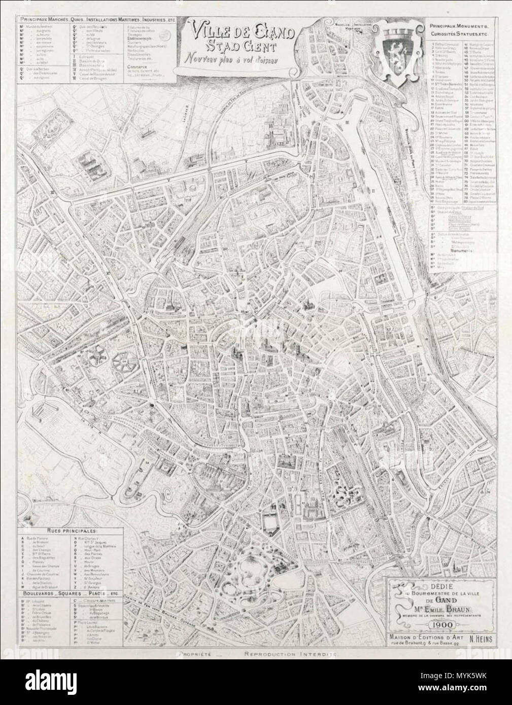 . Englisch: Karte von Gent, 1900 Ville de Gand, Stad Gent, Nouveau Plan à-Vol-d'Oiseau., Maison d'Editions d'Art N. Heins, rue de Brabant 9 & rue Basse 22, Gand., 1900. 29. März 2012. ?, 1900 343 Karte von Gent, 1900 Stockfoto