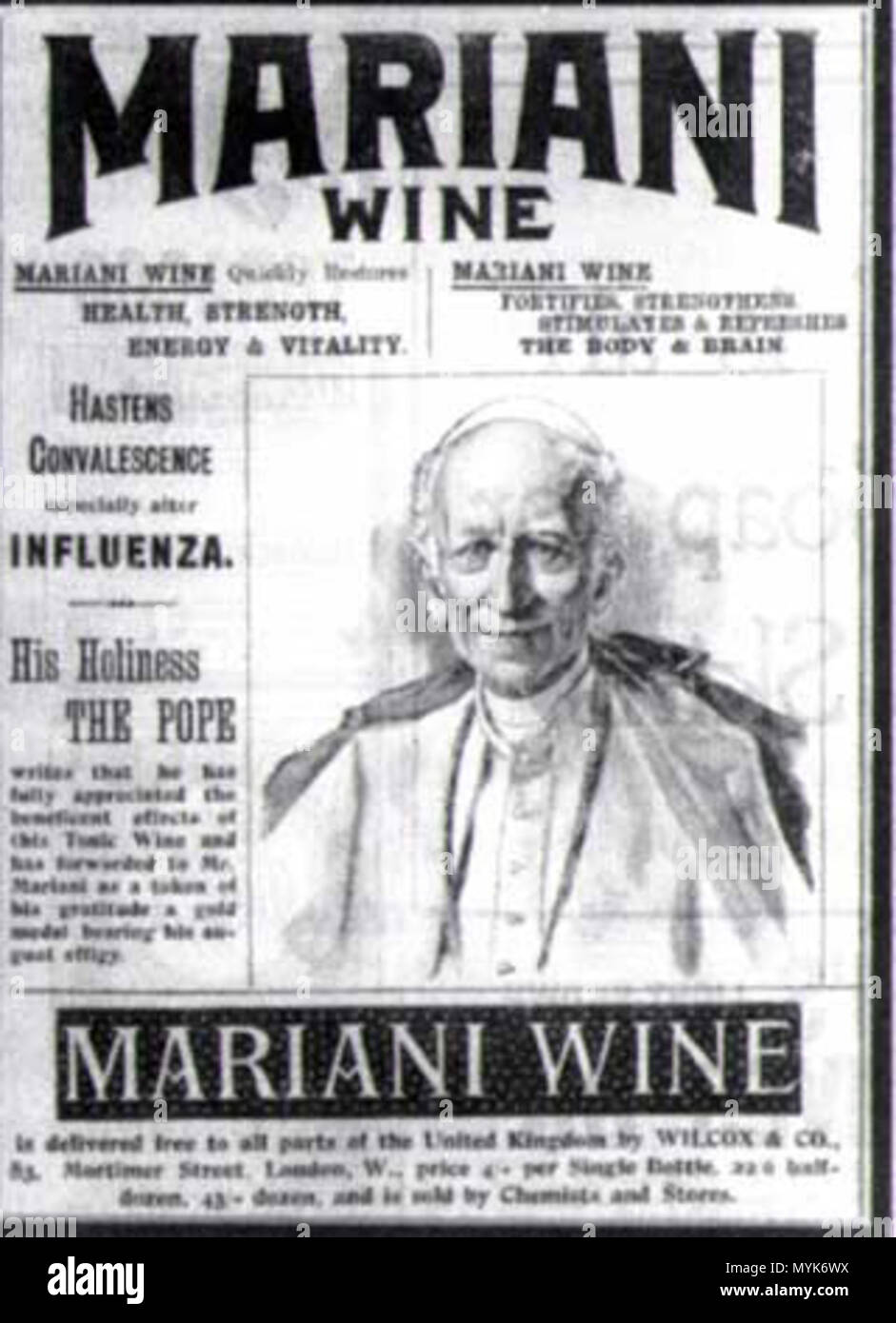 . Englisch: Werbung von Vin Mariani mit Papst Leo XIII. den Text des Plakates lautet: MARIANI MARIANI WEIN WEIN: Schnell stellt Gesundheit, Kraft, Energie und Vitalität. MARIANI WEIN: Stärkt, stärkt, belebt und erfrischt den Körper und Gehirn. Eilt Rekonvaleszenz, vor allem nach der Grippe. Seine Heiligkeit der Papst schreibt, dass er voll hat das beneficient Auswirkungen dieser Tonic Wein geschätzt und wurde Herrn Mariani als Zeichen seiner Dankbarkeit eine Goldmedaille seine August Bildnis Lager weitergeleitet. MARIANI WEIN: frei zu allen Teilen des Vereinigten Königreichs von WILLCOX & CO [Adresse] zugestellt werden. Stockfoto