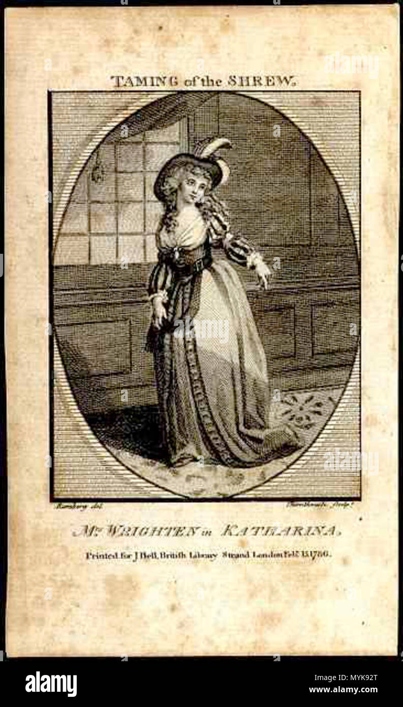 . Englisch: Der Widerspenstigen Zähmung 1780: Frau Wrighten als Katharina im Burgoyne's comic Opera Version: Katharina und Petruchio. 15 März 2014, 10:06:47. Kupferstich von Thornthwaite, nach J.H.Ramberg, als Platte in Bell's Shakespeare, 1786 veröffentlicht. 352 Mary Ann Wrighten Stockfoto