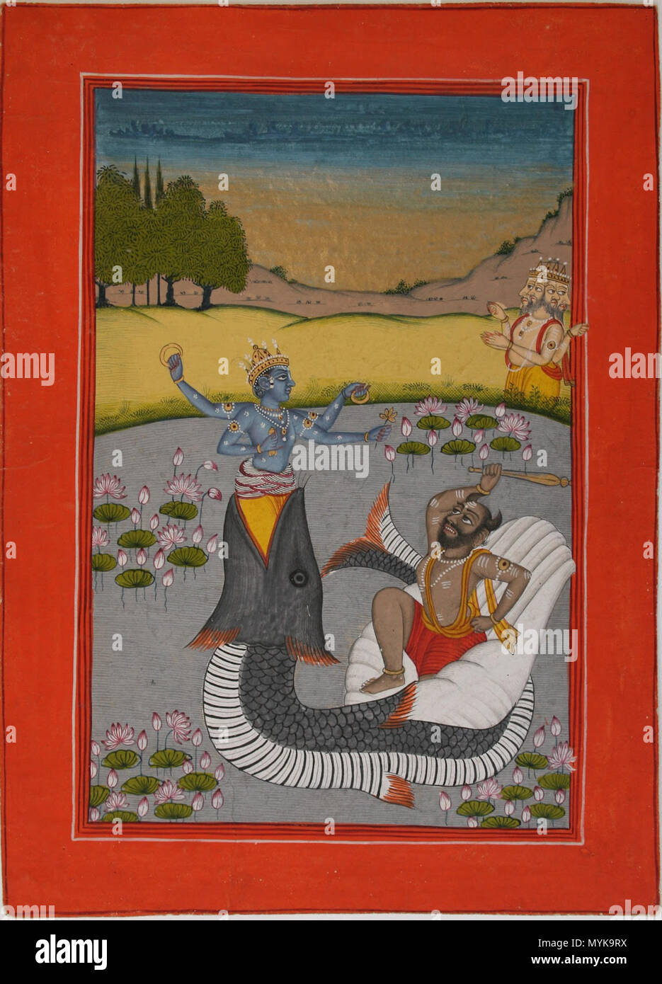 . Folio aus einer "Dasavatara" aus der Serie: matsya Avatara. Datia, 1805. Gouache auf wasli mit Gelb- und Rotgold. 23 x 16,6 cm Gelb Gold ist für Detail in der Krone verwendet, Attribute usw., Rose Gold in den Himmel am Horizont. Ref: Datia Matsya10510. 1805. Unbekannt 355 Matsya Avatara Vishnus (Folio aus einer "Dasavatara" aus der Serie) - datia, ca. 1800 Stockfoto