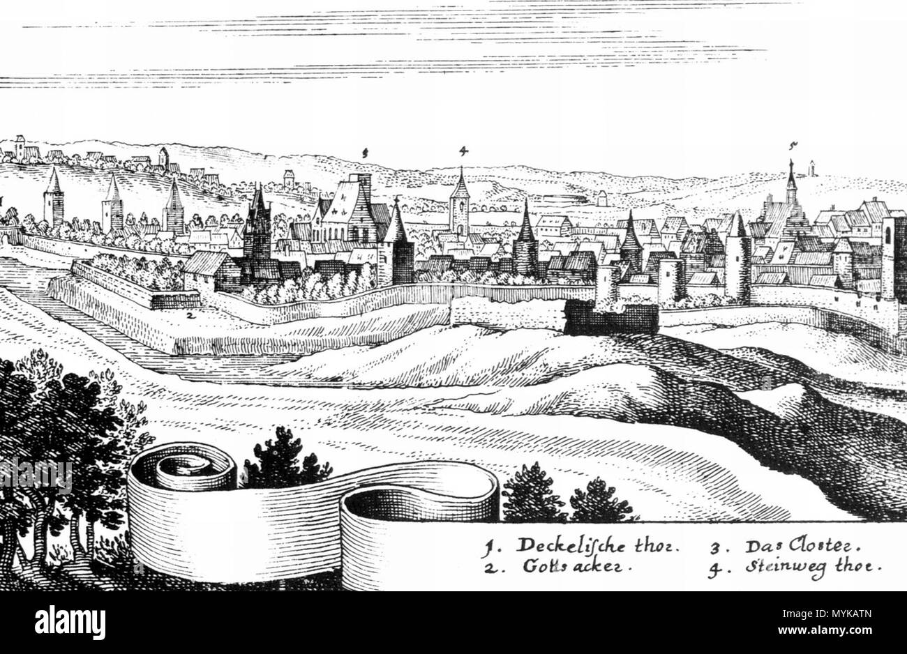 . English: Matthäus Merian, Ansicht von Querfurt (1650), nördlicher Teil. 1650. Matthäus Merian 360 Merian Querfurt 1650 Ausschnitt Stockfoto