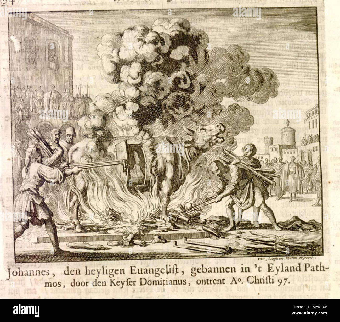 . Englisch: Antipas geröstete lebendig in einem Kupfer lenken, AD 95. Die märtyrer Spiegel, dies ist eine Radierung von en: Jan Luyken (1649-1712). Der Text oben auf der Seite ist wie folgt übersetzt: "Der Evangelist Johannes, der heilige Evangelist, in der Verbannung auf der Insel Patmos, von Kaiser Domitian, A.D. 97." Aber diese Bildunterschrift ist falsch; es muss falsch beschrieben wurden. Es ist tatsächlich eine Darstellung des heiligen Antipas geröstet lebendig in einem Kupfer lenken.[1] ↑ Die Märtyrer Spiegel Bilder. Mennonite Bibliothek und Archive. 'Buch 1, Seite 34: Antipas geröstete lebendig in einem Kupfer lenken, AD 95 (interessant, dass die Ca Stockfoto