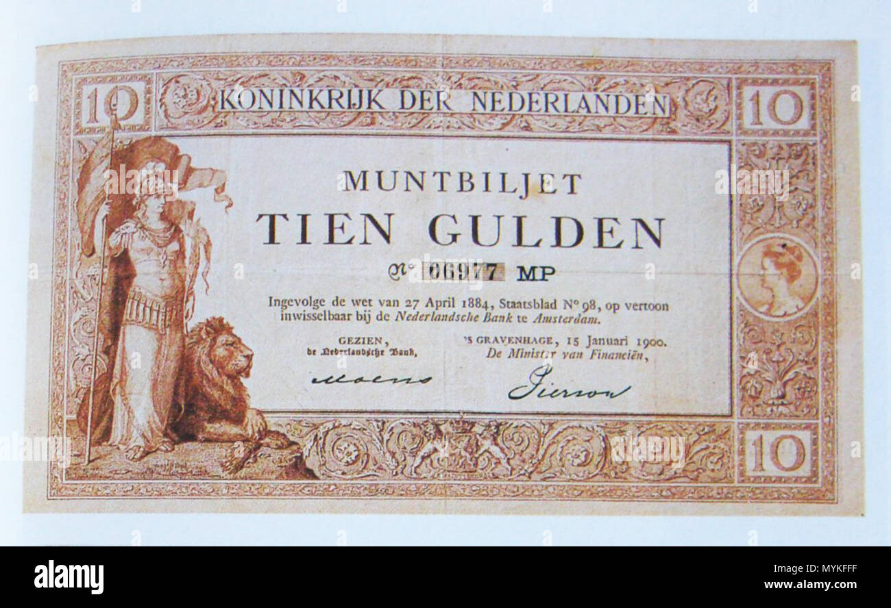 . Englisch: "untbiljet" (Lit.: Gutschein "Münze"), einer Art "Banknote" von der niederländischen Regierung als Ersatz für Gold oder Silber Münzen ausgegeben. Dieses Modell wurde von 1900 bis 1904 die Goldene 10 Gulden Münzen zu ersetzen. Nederlands: Muntbiljet van 10 Gulden, Tür de Nederlandse regering Uitgegeven als vervanging Voor Het Gouden tientje (en Het Gouden vijfje). 1900. Scan von der Uploader aus der Wiedergabe einer 'muntbiljet' (Münze Gutschein") von der niederländischen Regierung im Jahr 1900 herausgegeben. Die Designer der Hinweis ist unbekannt. 377 Muntbiljet 10 Gulden 1900 Stockfoto