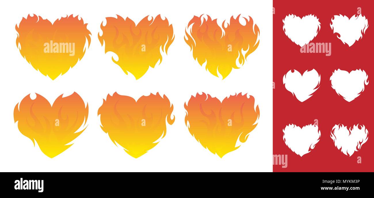 Burning Heart Icon Set Stock Vektor