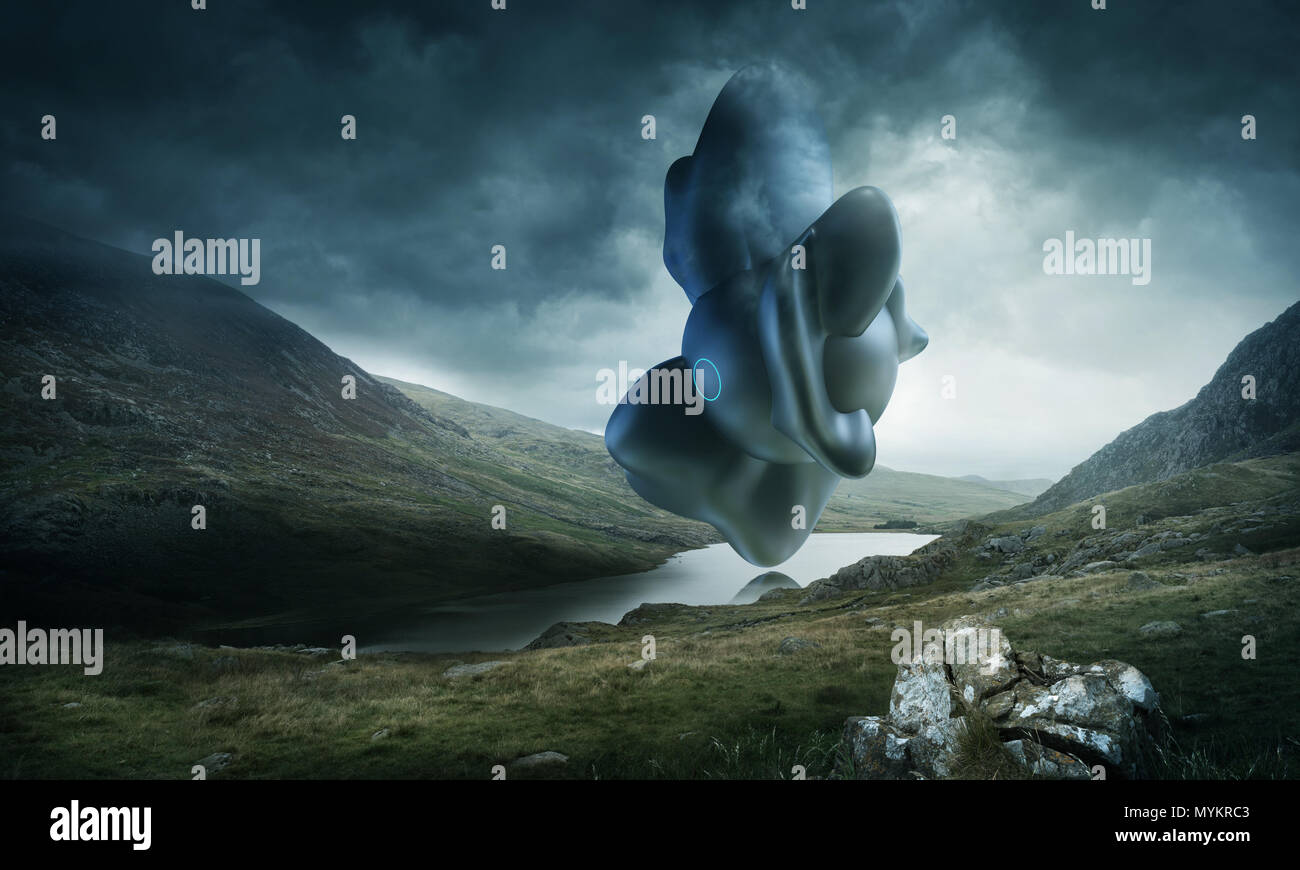 Eine seltsame und mysteriöse futuristisch anmutende Objekt schwebt über einem malerischen Bergsee an einem stürmischen Tag. Mixed media Abbildung. Stockfoto