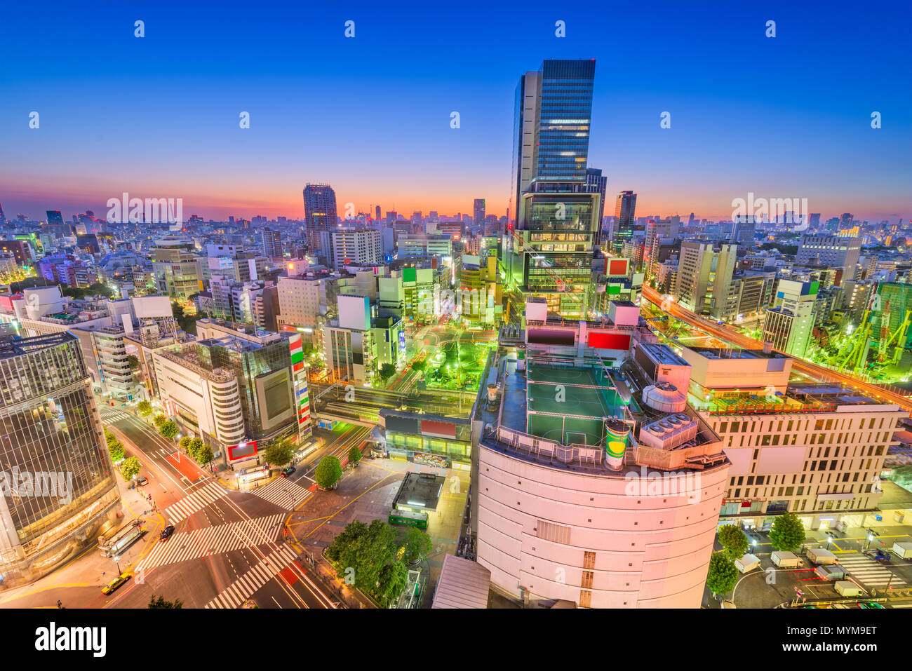 Shibuya, Tokio, Japan, über die berühmte Skyline der Stadt jagt Zebrastreifen in der Abenddämmerung. Stockfoto