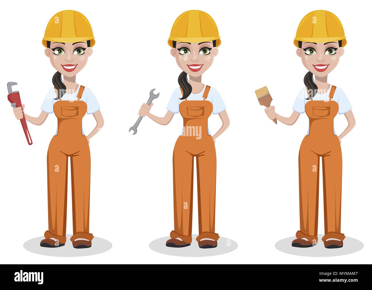 Schöne weibliche Builder in Uniform, Cartoon Character Set. Professionelle Bauarbeiter. Lächelnd Werkstatt Frau mit verstellbarer Schraubenschlüssel, mit offenen Stock Vektor