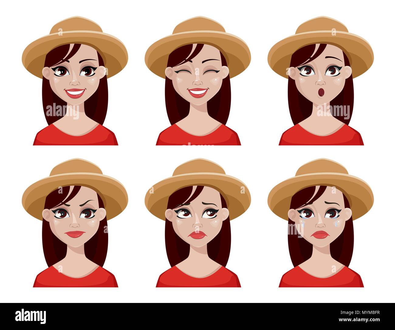 Gesichtsausdruck von Bauer Frau in hat. Verschiedene weibliche Emotionen gesetzt. Schönen cartoon Charakter. Vector Illustration auf weißem Hintergrund. Stock Vektor