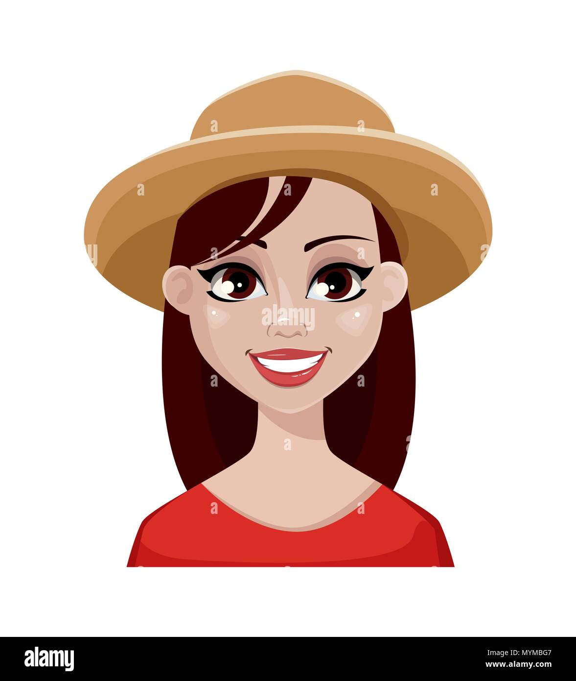 Gesichtsausdruck von Bauer Frau in hat. Weibliche Emotion, happy, fröhlich. Schönen cartoon Charakter. Vector Illustration auf weißem Hintergrund Stock Vektor