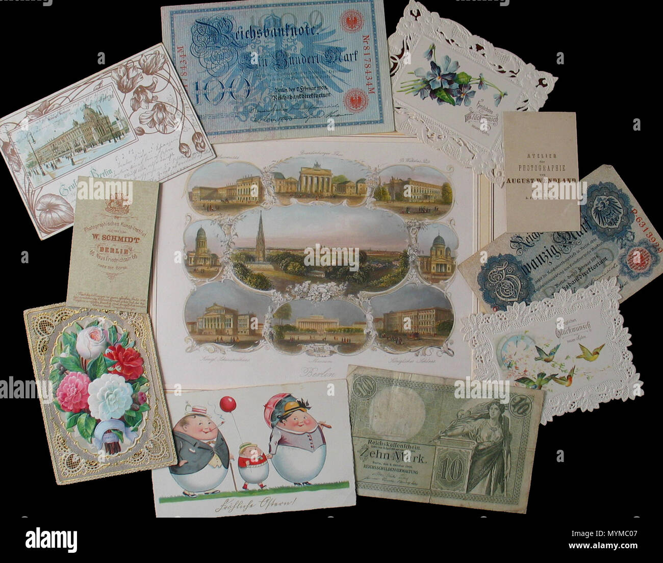 . Englisch: papierverbrauch zwischen 1850 und 1930: farbige Stahlstich auf einem Souvenir sheet, Bankwechsel, Grußkarten (Luxus), Postkarte, kleine Karten von cardbox für Fotos. von 1850 bis 1930. Unbekannt 407 Papierverbrauch Stockfoto