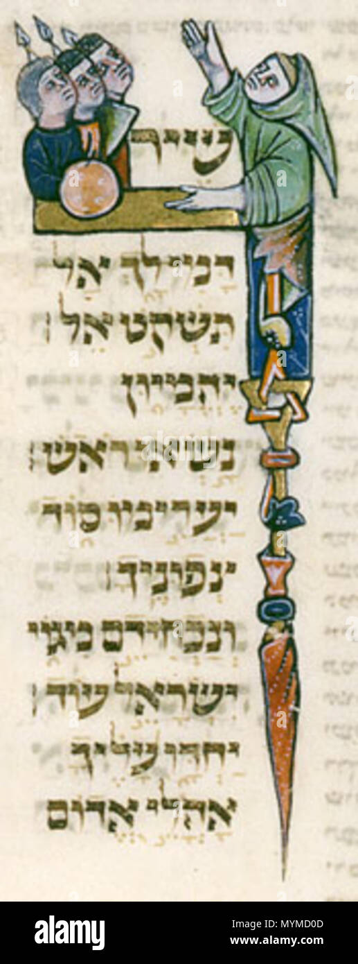Englisch: Szene aus Folio 118 b - Psalm 83 - eine menschliche Figur trägt  einen grünlich mit kapuze kleid, wirft sein Gesicht und rechten Arm und  zeigt mit seiner Linken auf