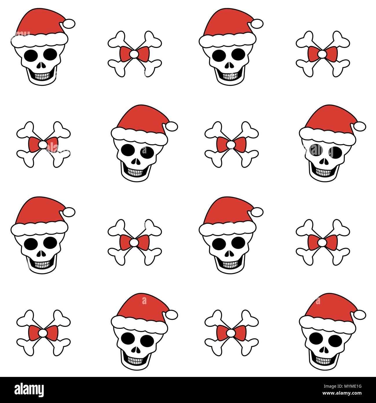 Süße schöne Weihnachten nahtlose Vektor Muster Hintergrund Abbildung mit Schädeln mit Santa's Hut und Knochen Stock Vektor