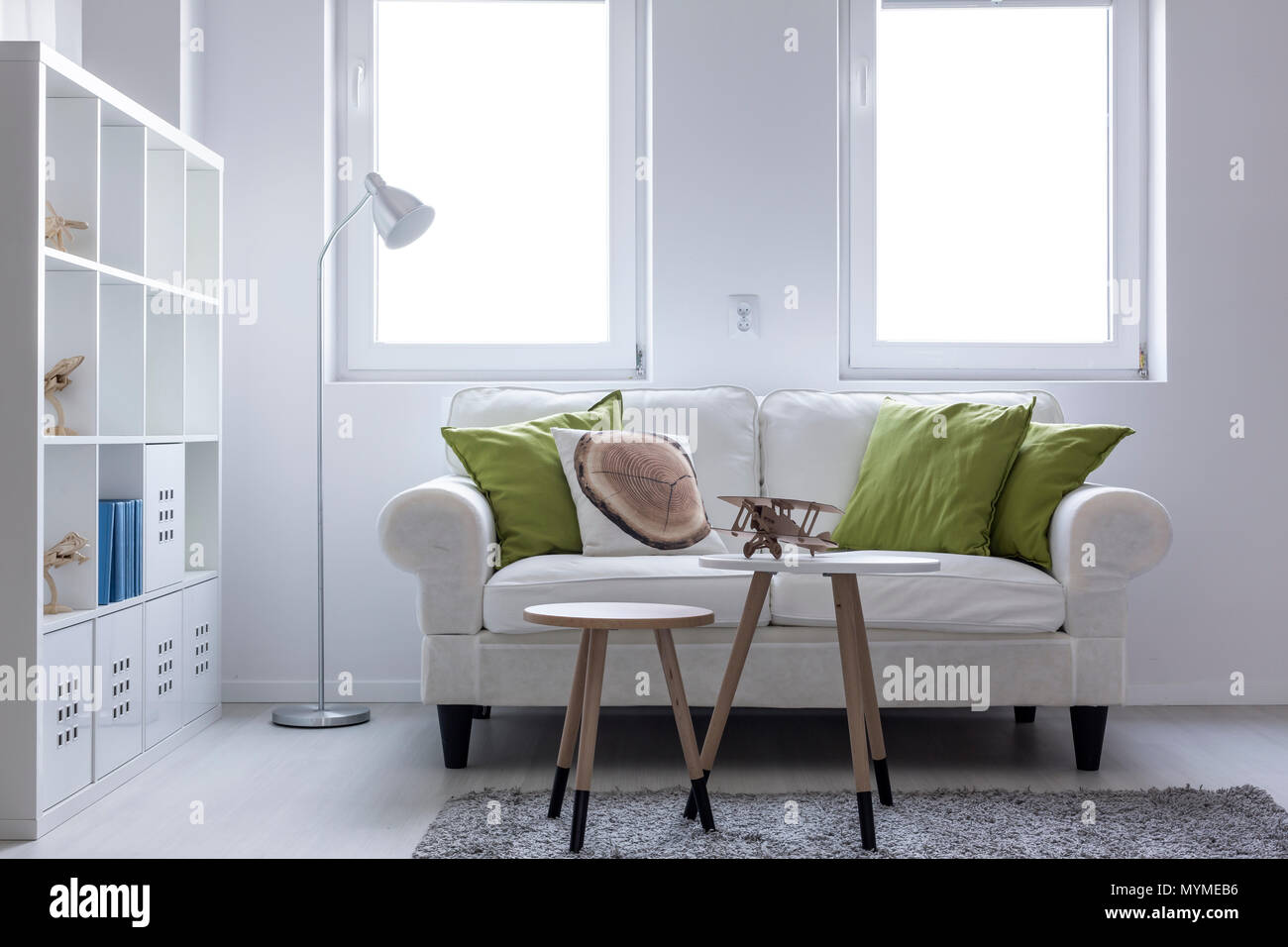 Schuss aus einem Wohnzimmer in Weiß mit schönen Sofa und einem großen Bücherregal konzipiert Stockfoto