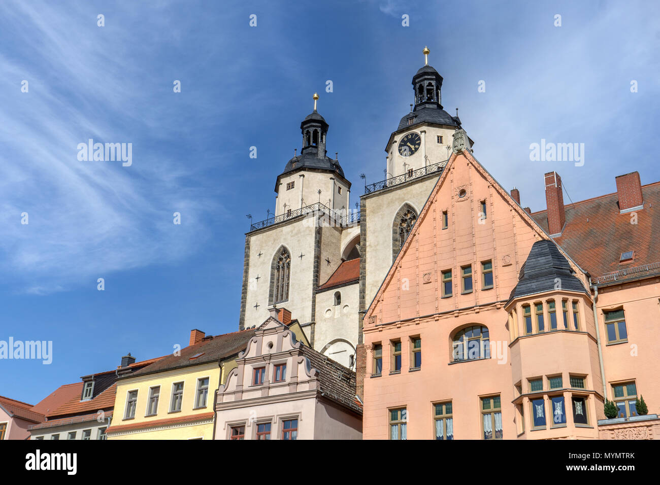 Renaissance-Häuser auf dem Marktplatz in Wittenberg Stockfoto