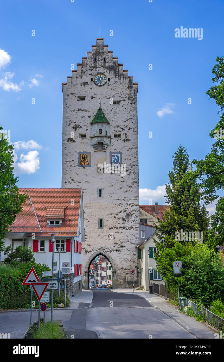 Ravensburg, Baden-Württemberg, Oberschwaben, Deutschland - Blick auf die mittelalterliche Obertor City Gate. Stockfoto
