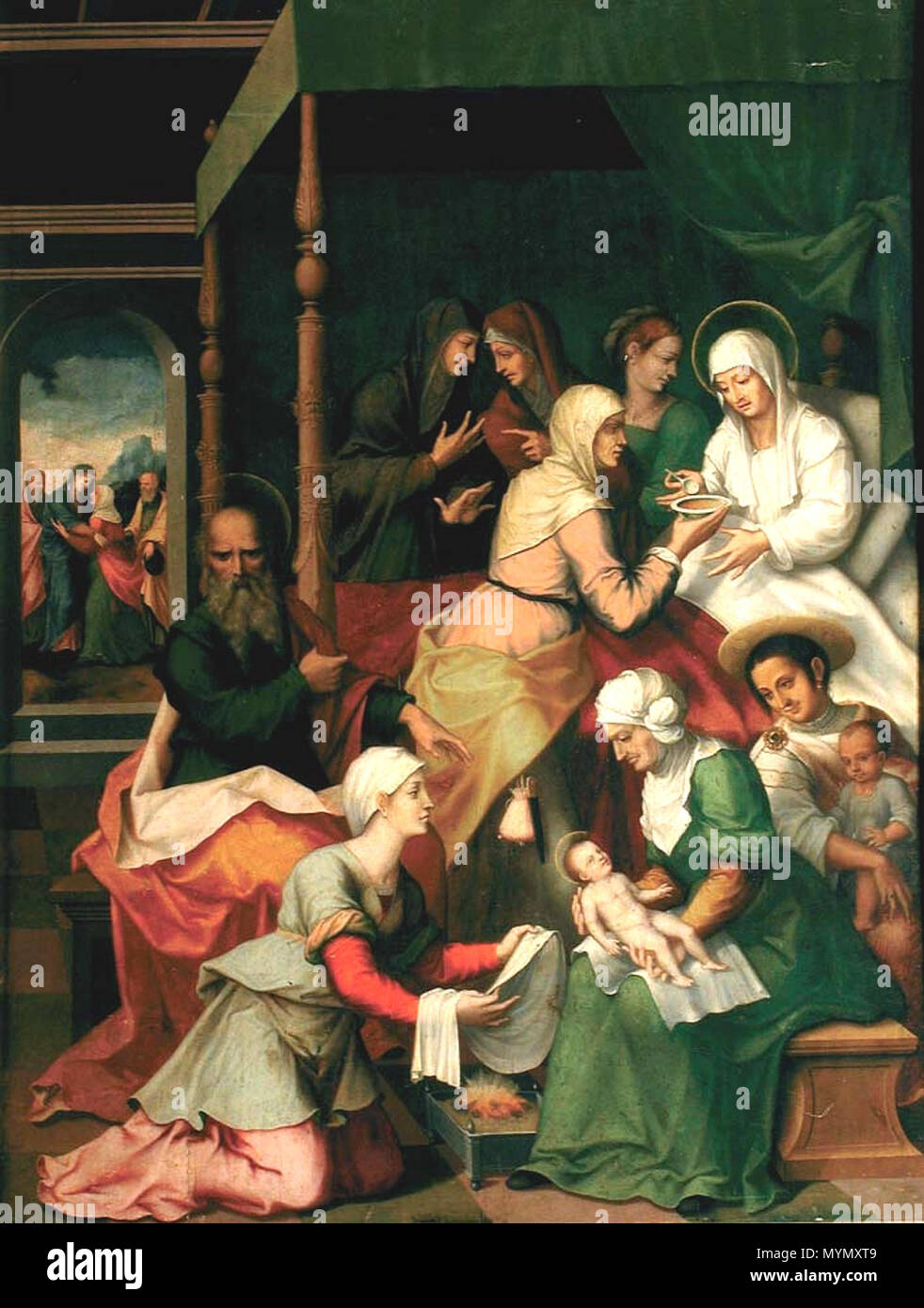 . Español: Nacimiento de San Juan Bautista. Óleo sobre Tabla de Pino, 135 x 100 cm. Conservado en el Museo de Zaragoza. ca. 1580. Jerónimo Cósida 380 Nacimiento de San Juan el Bautista Stockfoto