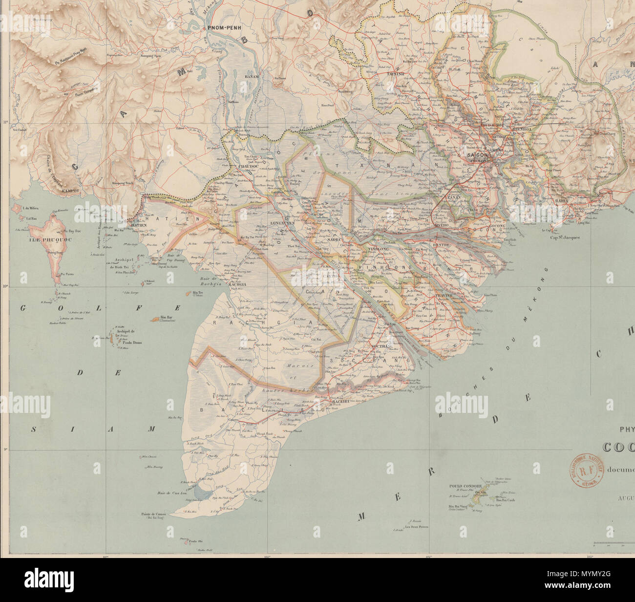 . Tiếng Việt: Bản đồ hành chính Nam Kỳ thuộc Pháp năm 1906. 1906. A. Challamel (Paris) 381 NamKy 1906 Stockfoto