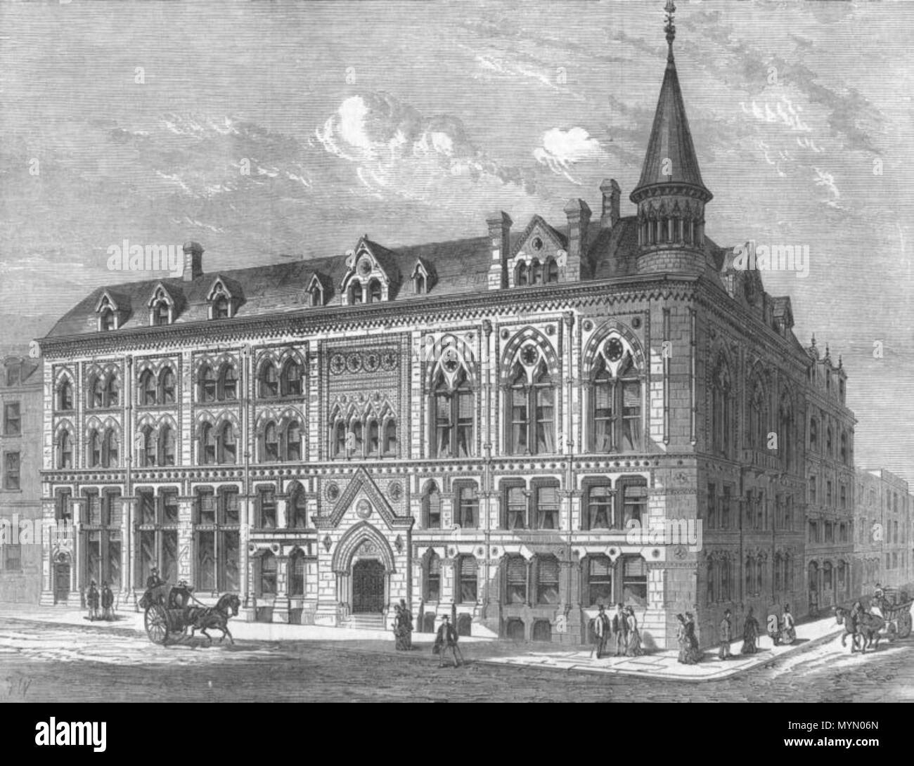 . Deutsch: "Neue Dock-House in Ost und West India Dock Company, in Billiter-Square", von der Illustrated London News, 1877 * Quelle: ebay, Sept. 2009. 1877. Illustrated London News 385 Neue Dock-House in Ost und West India Dock Company, in Billiter-Square Stockfoto