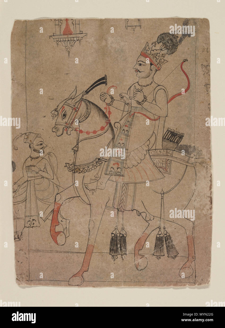 . Edelmann auf dem Pferderücken Datum: Mitte des 18. Jahrhunderts Kultur: Indien (rajasthan, Sawar) Medium: Tinte und deckende Wasserfarbe auf Papier Abmessungen: Bild (sehen): 6 x 4 1/2 in. (15,2 x 11,4 cm) Einstufung: Gemälde Kreditlinie: Geschenk der Subhash Kapoor, in Erinnerung an seine Eltern, Smt Shashi Kanta und Shree Ram Parshotam Kapoor, 2008 Beitritt Artikelnummer: 2008.359.2 Dieses Kunstwerk wird nicht auf dem Display zu MyMet Beschreibung hinzufügen Diese Equestrian portrait of Prince ist vom Gericht des Sawar, einem kleinen Staat in Ajmer vom Großmogul Jahangir. Zunächst, Malerei von diesem Gericht sho Stockfoto