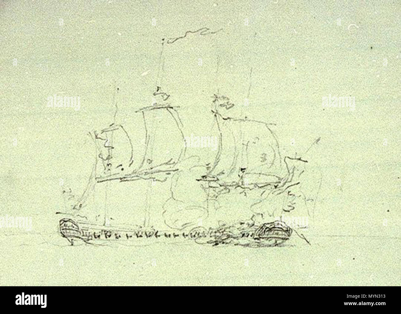 . Englisch: eine Skizze der 1793 Engagement zwischen der britischen und der französischen Fregatten Nymphe und cleopatre von Nicholas Pocock. ca. 1793. Nicolas Pocock 393 Nymphe &Amp; cleopatre Skizze - Pocock Stockfoto