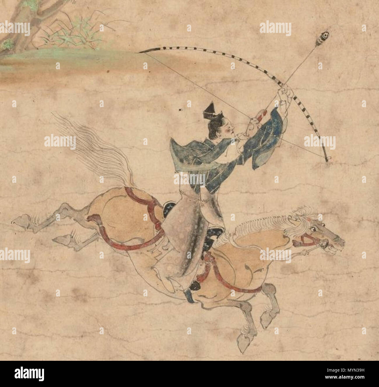 . Obusuma Saburō Emaki"/男衾三郎絵巻. Detail: Bogenschießen auf dem Pferd in der Ausbildung. 13. Jahrhundert (Kamakura Periode) 394 Obusuma Saburo Emaki" - Detail Bogenschießen 2 Stockfoto