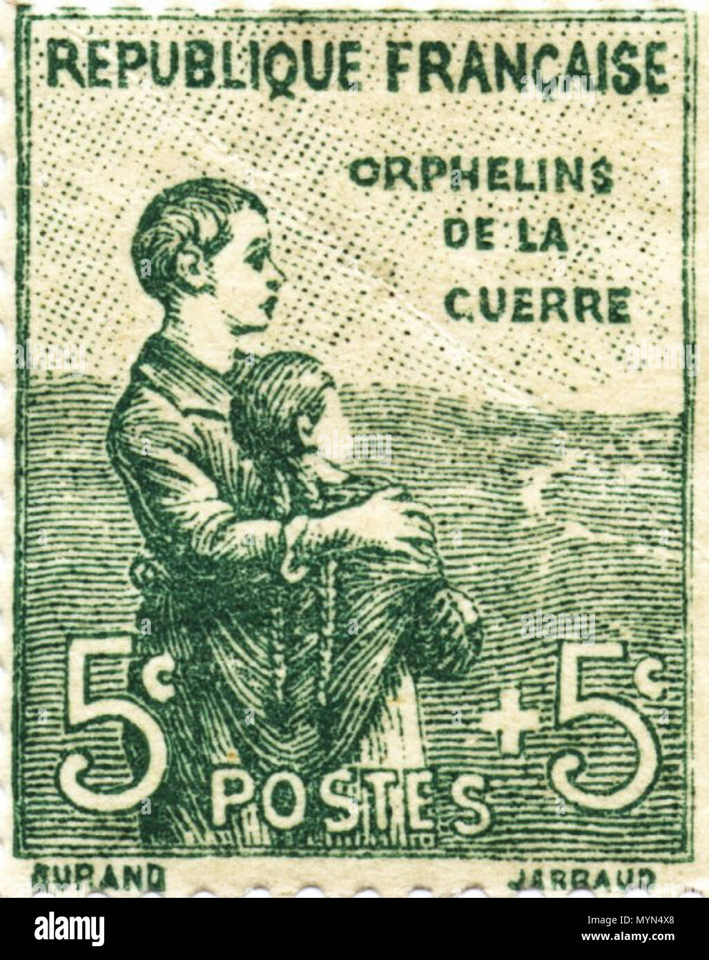 . Série Orphelins, 5 C. + 5 C., mars 1919 (Quelle de la Datum: Dallay et le patrimoine du Timbre-Poste français). März 1919. Durand, Jarraud 400 Orphelins 5 plus 5. Stockfoto