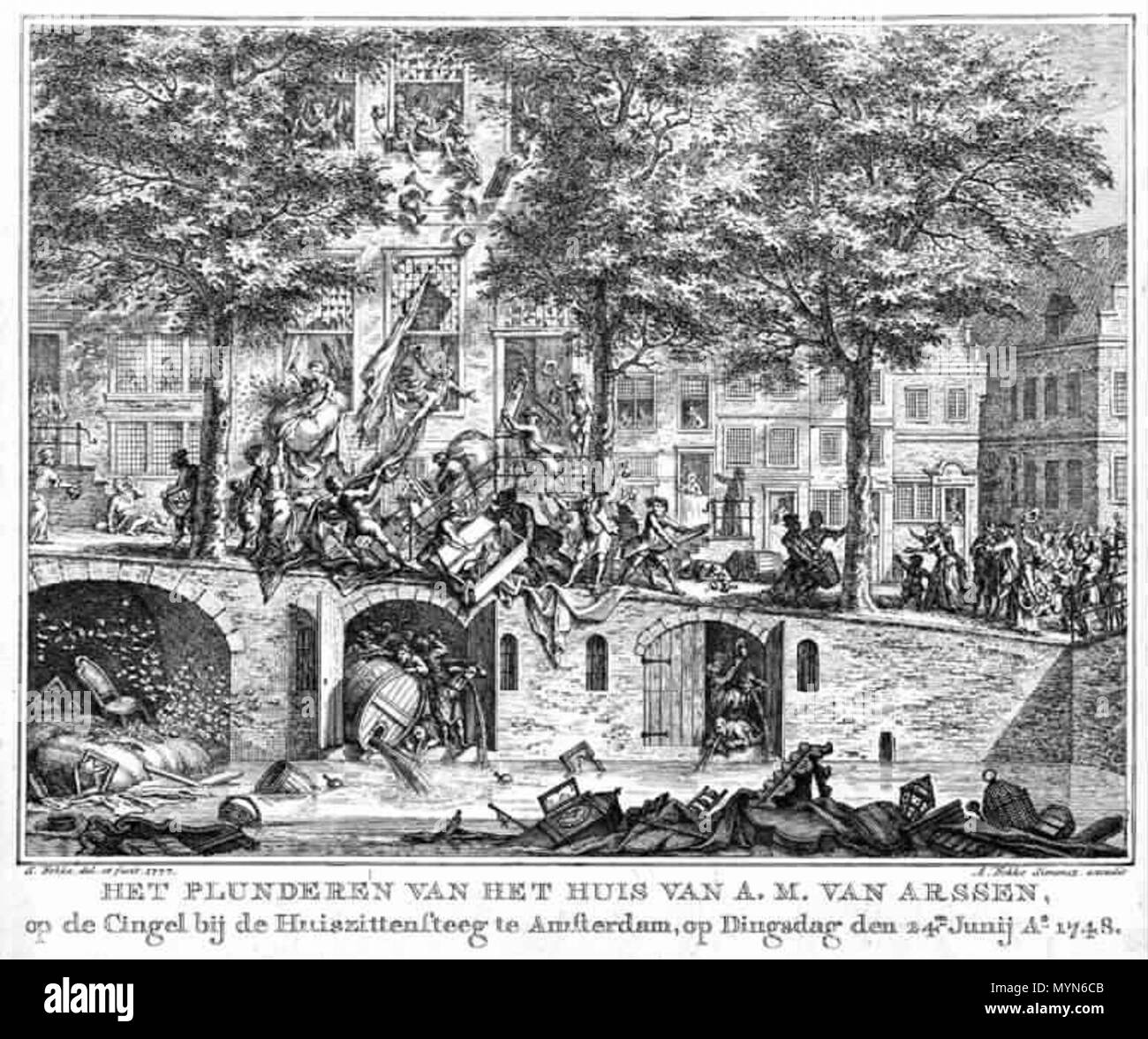 . Plunderen Pachtersoproer, Het Van Het Huis van Uhr van Arssen, Op de Cingel bij de Huiszittensteeg te Amsterdam, op Dingsdag den 24 en Junij A° 1748. 3. Januar 2008. Arend Fokke Sz. 403 Pachtersoproer Stockfoto