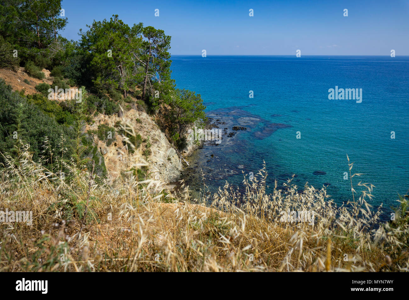 Schöner Blick auf die Bucht. Neben der Aphrodite. Akamas, Zypern Stockfoto