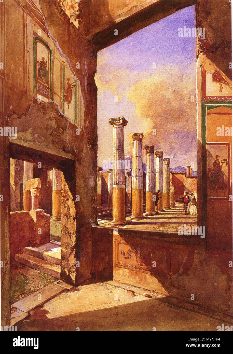 . Englisch: Malerei der Casa dei Capitelli colorati (VII 4, 31) von Fausto Niccolini († 1886) und Felice Niccolini († 1886). In Le Case e i monumenti di Pompei (4 Bde.; 1854-1896) Deutsch: Bild der Casa dei Capitelli colorati (VII 4, 31) von Fausto Niccolini († 1886) und Felice Niccolini († 1886) veröffentlicht. In: Le Case e i monumenti di Pompei (4 Bde.; 1854-1896). 13. März 2009. WolfgangRieger 429 Pompeji - Casa dei Capitelli Colorati-Niccolini Stockfoto