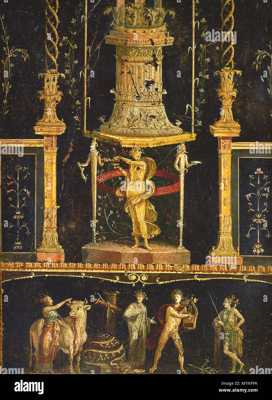 . Englisch: von der Dekoration in der TRICLINIUM der Casa dei Vettii (VI 15,1) in Pompeji Detail. Am unteren Motiven von Iphigenie auf Tauris von Euripides. English: Detail der Wanddekoration aus dem Triklinium der Casa dei Vettii (VI 15,1) in Pompeji. Unten Motiv aus Iphigenie in Stier des Euripides. 14. März 2009. WolfgangRieger 429 Pompeji - Casa dei Vettii - Triclinium Stockfoto