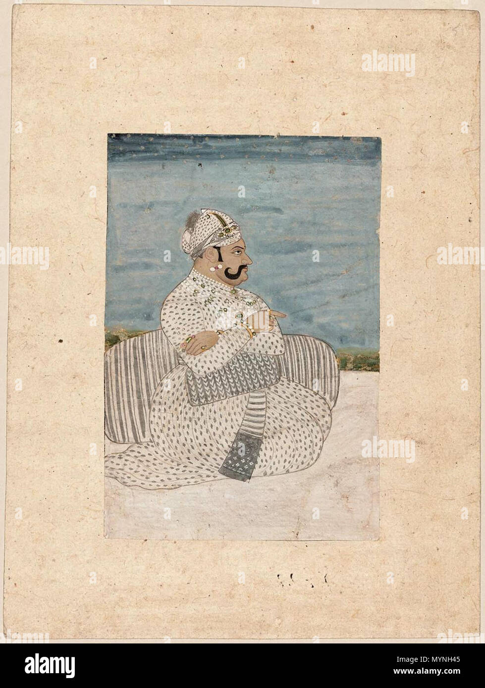 . Englisch: Portrait von savai Madho Singh von Jaipur Indische, 18. Jahrhundert aus Rajasthan, Jaipur, Rajasthan, Nordindien Abmessungen 16,8 x 11,4 cm (6 5/8 x 4 1/2 in.) Medium oder Technik opak Aquarell, Silber und Gold auf Papier. 18. Indische, Rajasthani, 433 Portrait von savai Madho Singh von Jaipur Stockfoto