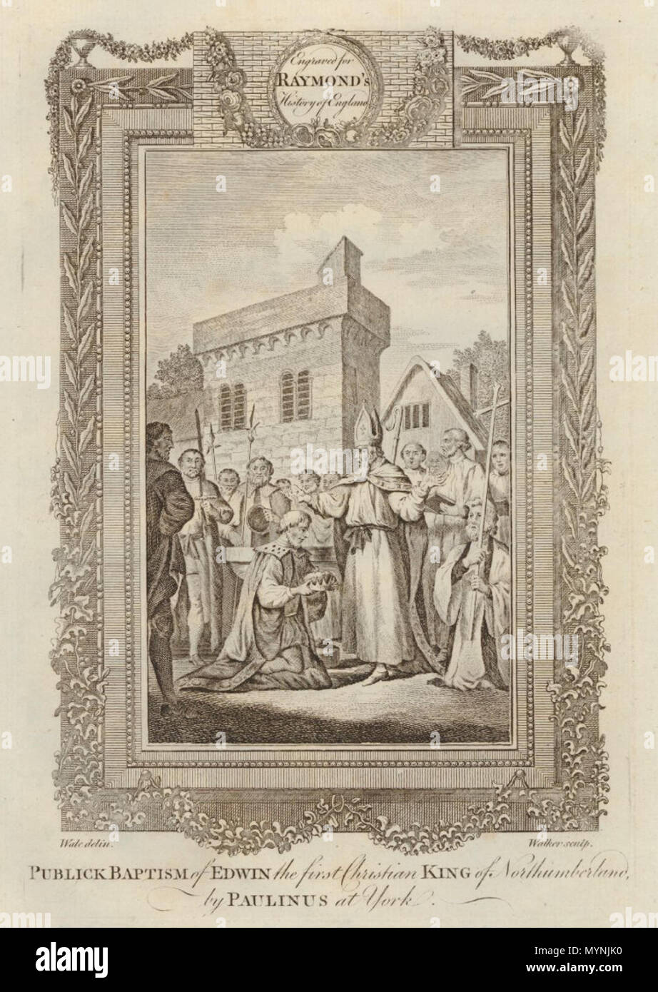 . Englisch: Zeichnung von Samuel Wale, von William Walker für Raymond's Geschichte Englands eingraviert. ca. 1786. Samuel Wale/William Walker 441 Publick Taufe von Edwin der erste christliche König von Northumberland, Paulinus von York Stockfoto