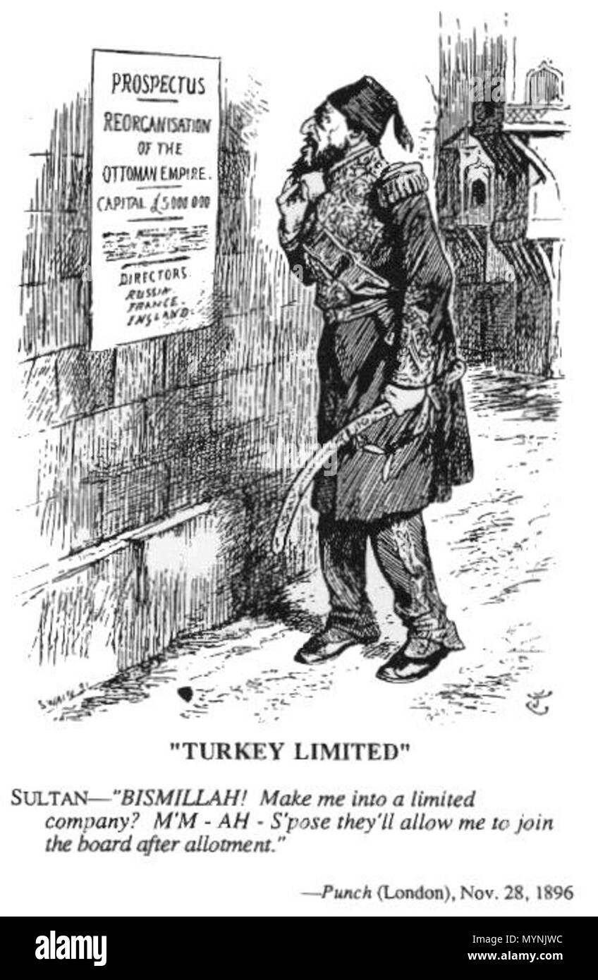 . Englisch: Karikatur aus dem Punch magazine. Es zeigt Sultan Abdul Hamid II. vor einem Plakat, verkündet die Reorganisation des osmanischen Reiches. Der Wert des Empire ist bei 5 Millionen Pfund geschätzt. Russland, Frankreich und England sind wie die Vorstände der Reorganisation erwähnt. Der Sultan sagt: "Um Gottes willen! (Bismillah) machen mich in eine Gesellschaft mit beschränkter Haftung? M'M- AH - ich nehme an, Sie erlauben Sie mir das Board nach Zuteilung zu verbinden." Die Karikatur bezieht sich auf die Schwäche des Osmanischen Reiches um die Jahrhundertwende (kranken Mann Europas), und somit zum Spielball der europäischen Mächte. Stockfoto