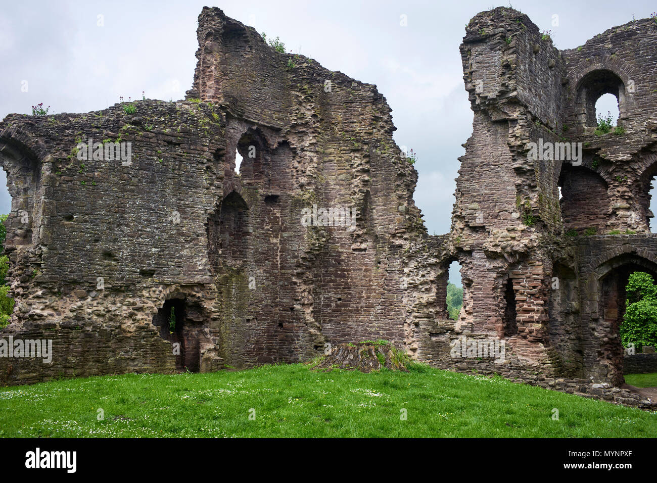Verfallenen Mauern des Schlosses in Abergavenny, Wales Stockfoto