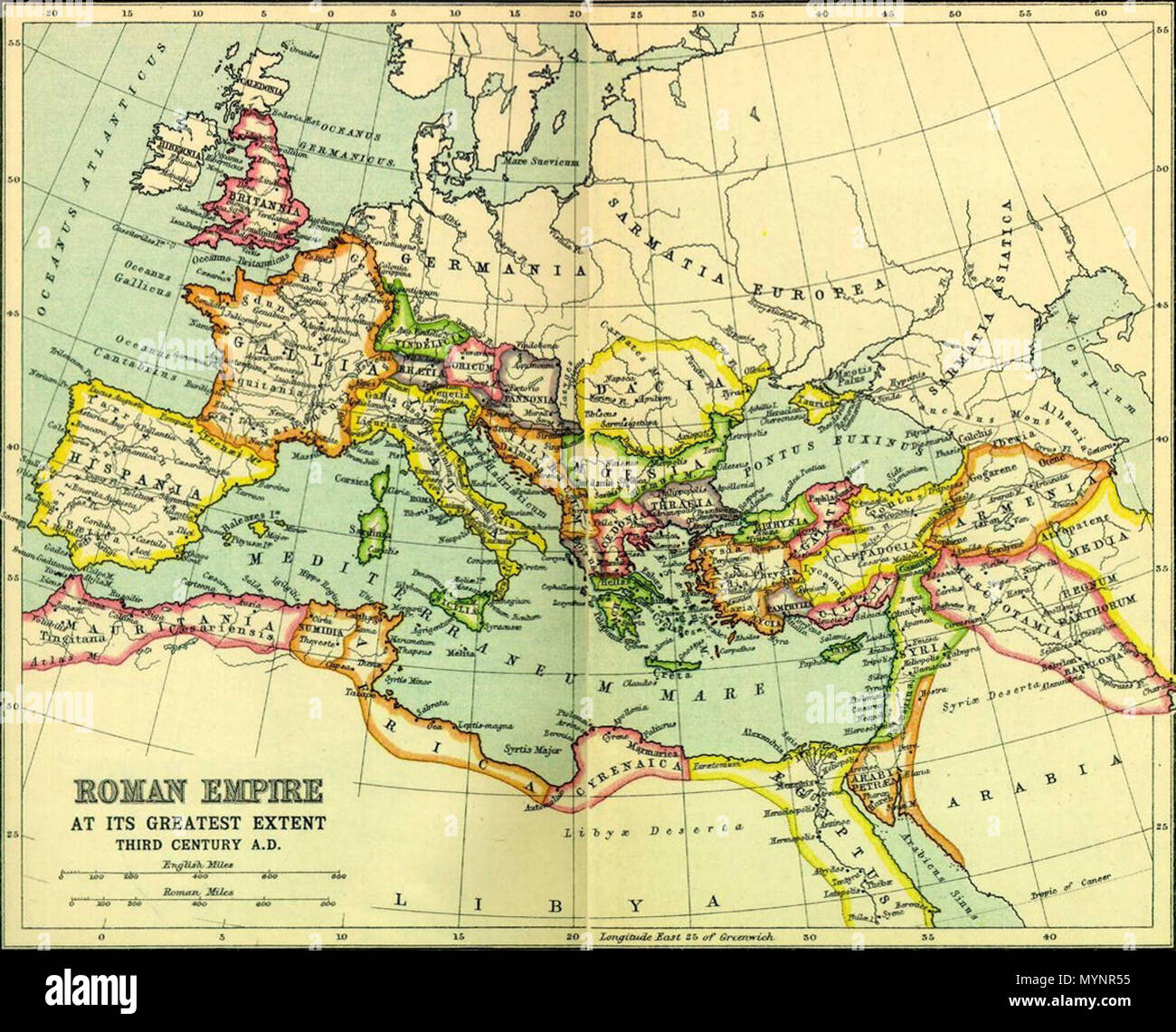 . Deutsch: Das römische Reich in seiner größten Ausdehnung. Diese Datei fehlt, Informationen zum Autor. 459 Römische Reich Karte anzeigen Stockfoto
