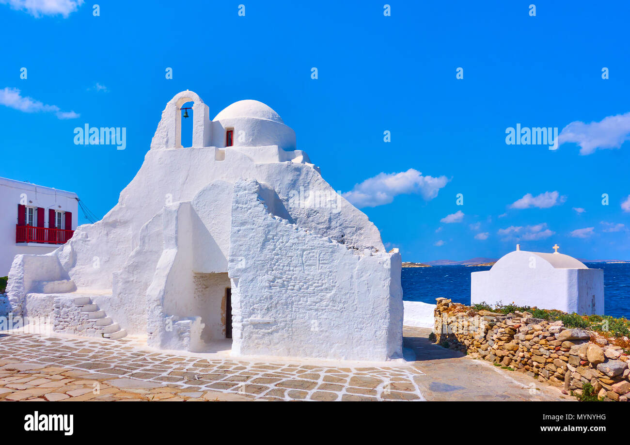 Alte Panagia Paraportiani Kirche auf der Insel Mykonos, Griechenland. Stockfoto