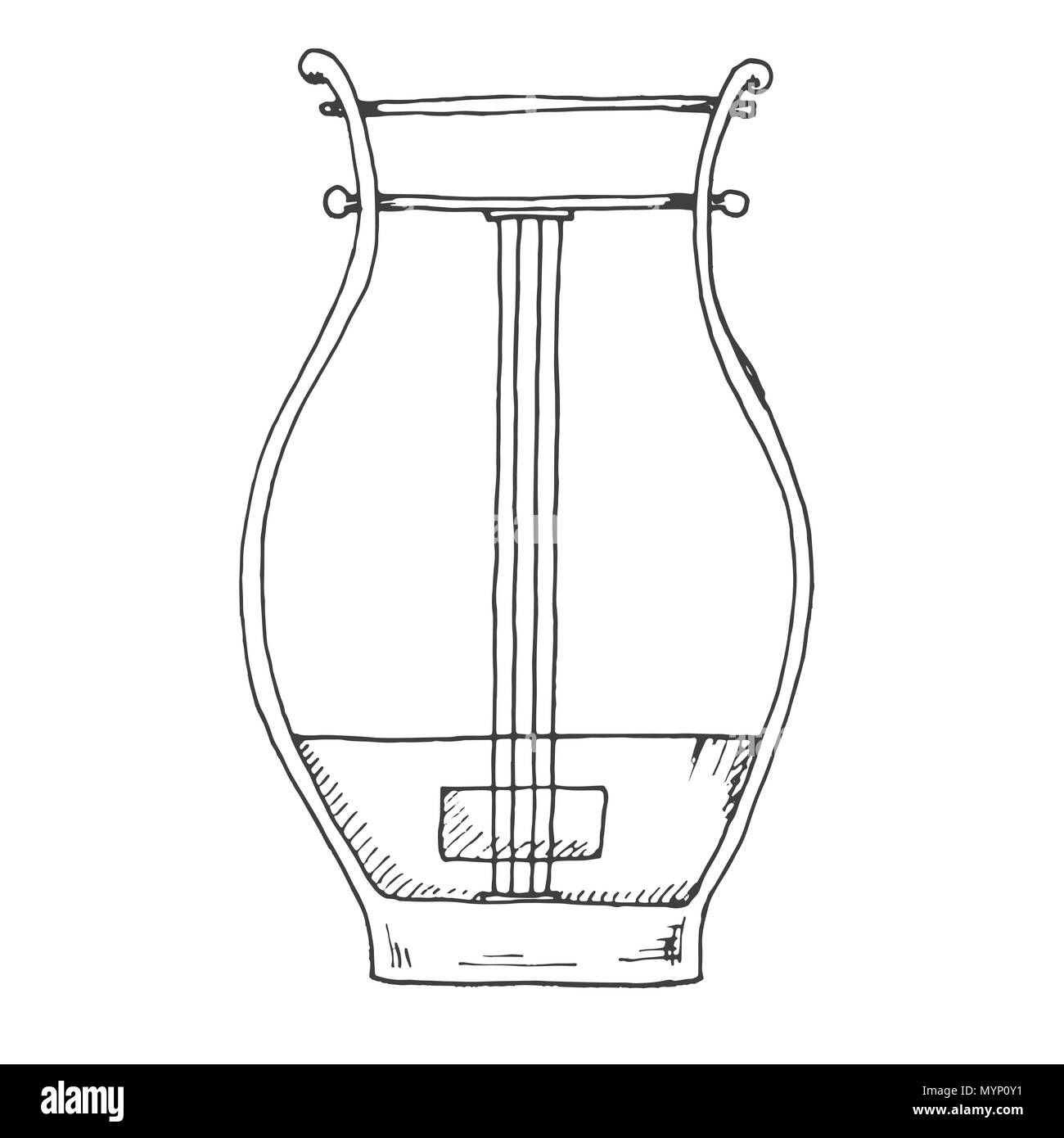 Skizze von einem Musikinstrument. Skizze der Leier. Vektor Stock Vektor