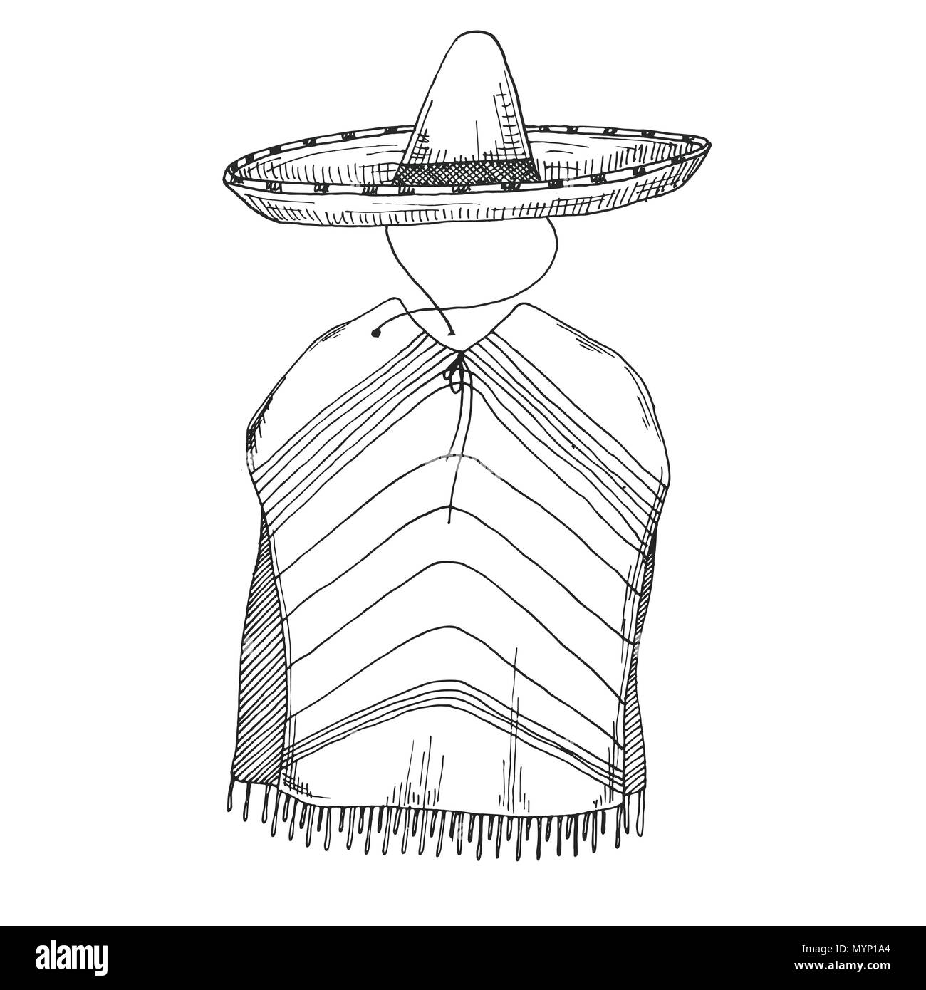 Skizze von Poncho und Sombrero. Vector Illustration. Stock Vektor