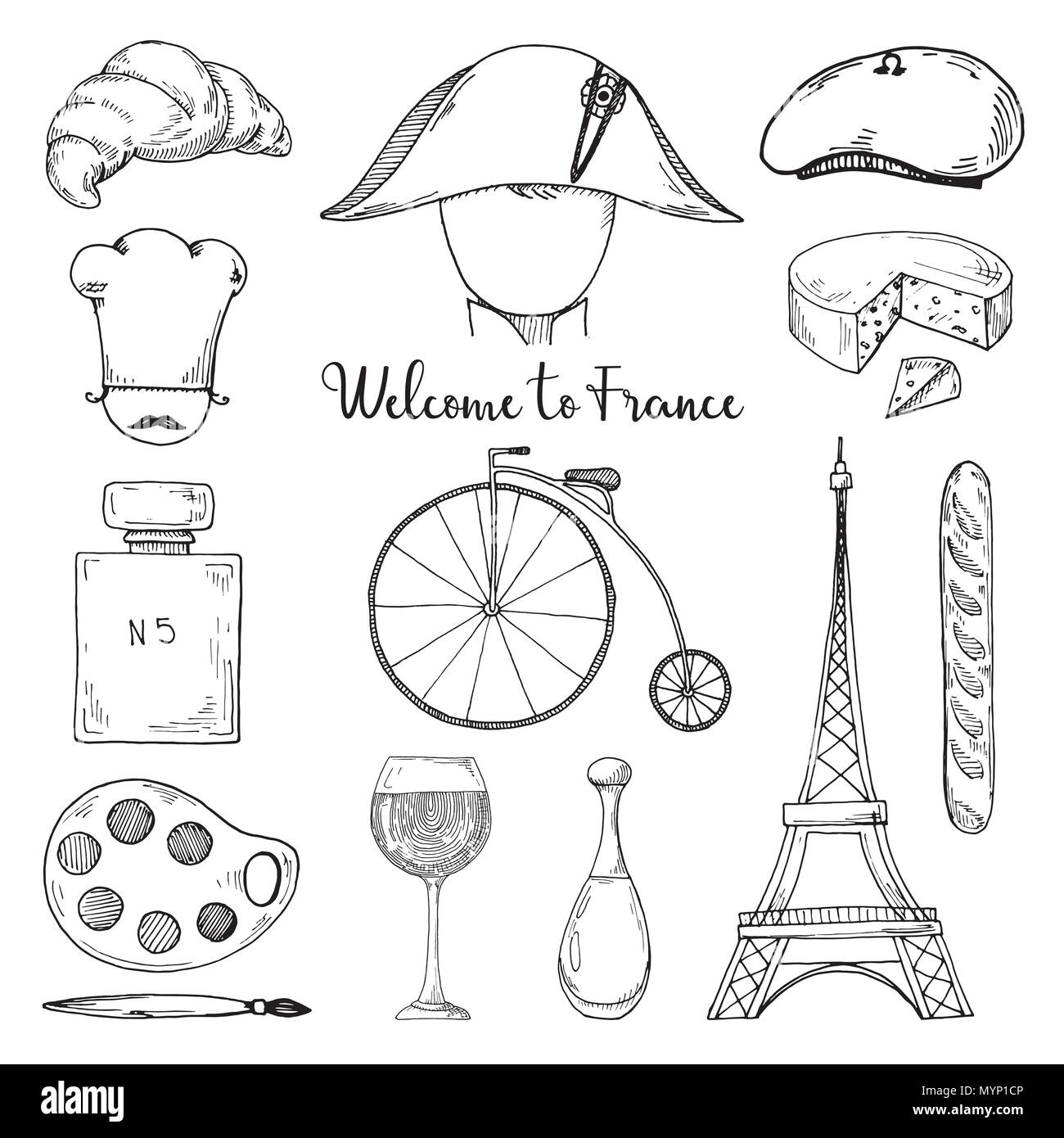 Satz Von Elementen Der Franzosischen Kultur Willkommen In Frankreich Vector Illustration In Skizze Stil Stock Vektorgrafik Alamy