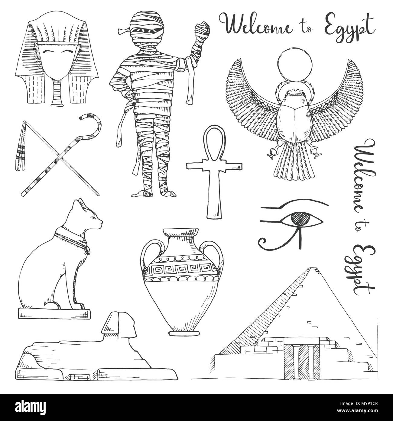 Satz von Elementen der ägyptischen Kultur. Vector Illustration in Skizze Stil. Stock Vektor