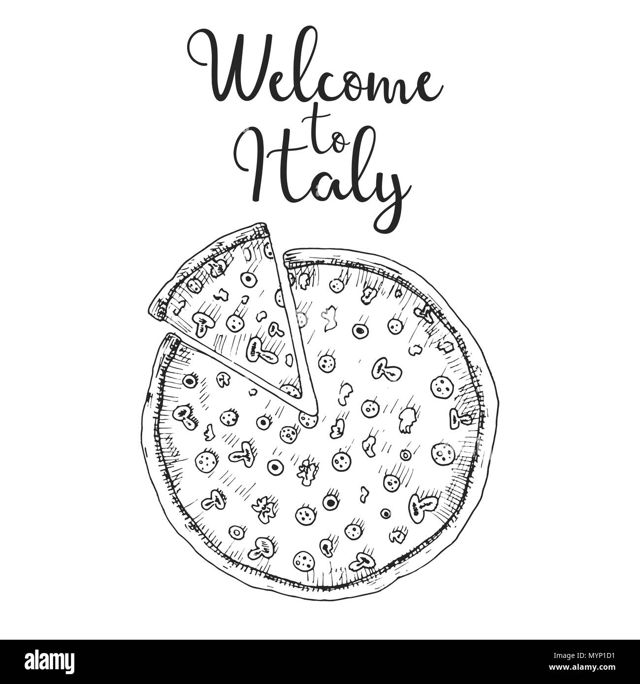 Skizze Pizza. Nach Italien Willkommen. Vector Illustration Stock Vektor